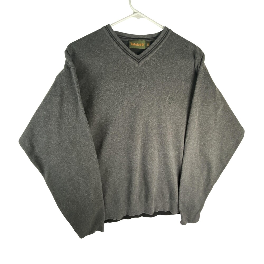 Vintage Timberland Sweater Mens XL Gray V Neck Knit Pullover Y2K Logo Chest